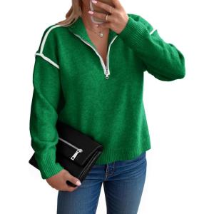 Saodimallsu Womens Quarter Zip Pullover Sweaters Casual Collared V Neck Color Block Long Sleeve Loose Knit Fall Sweater(Green)