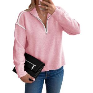 Saodimallsu Womens Quarter Zip Pullover Sweaters Casual Collared V Neck Color Block Long Sleeve Loose Knit Fall Sweater(Pink)