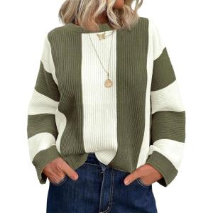 Saodimallsu Womens Striped Color Block Sweaters Fall Crew Neck Long Sleeve Ribbed Knit Casual Loose Pullover Sweater(Army Green)