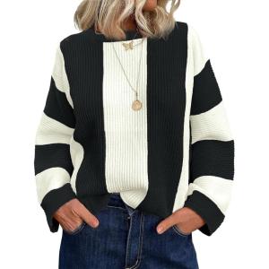 Saodimallsu Womens Striped Color Block Sweaters Fall Crew Neck Long Sleeve Ribbed Knit Casual Loose Pullover Sweater(Black)