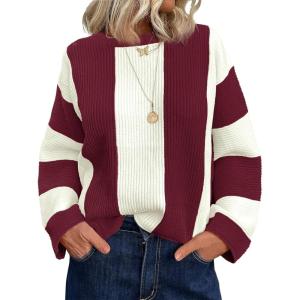 Saodimallsu Womens Striped Color Block Sweaters Fall Crew Neck Long Sleeve Ribbed Knit Casual Loose Pullover Sweater(Burgundy)