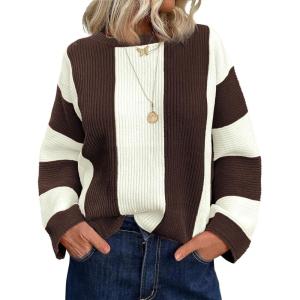 Saodimallsu Womens Striped Color Block Sweaters Fall Crew Neck Long Sleeve Ribbed Knit Casual Loose Pullover Sweater(Coffee)