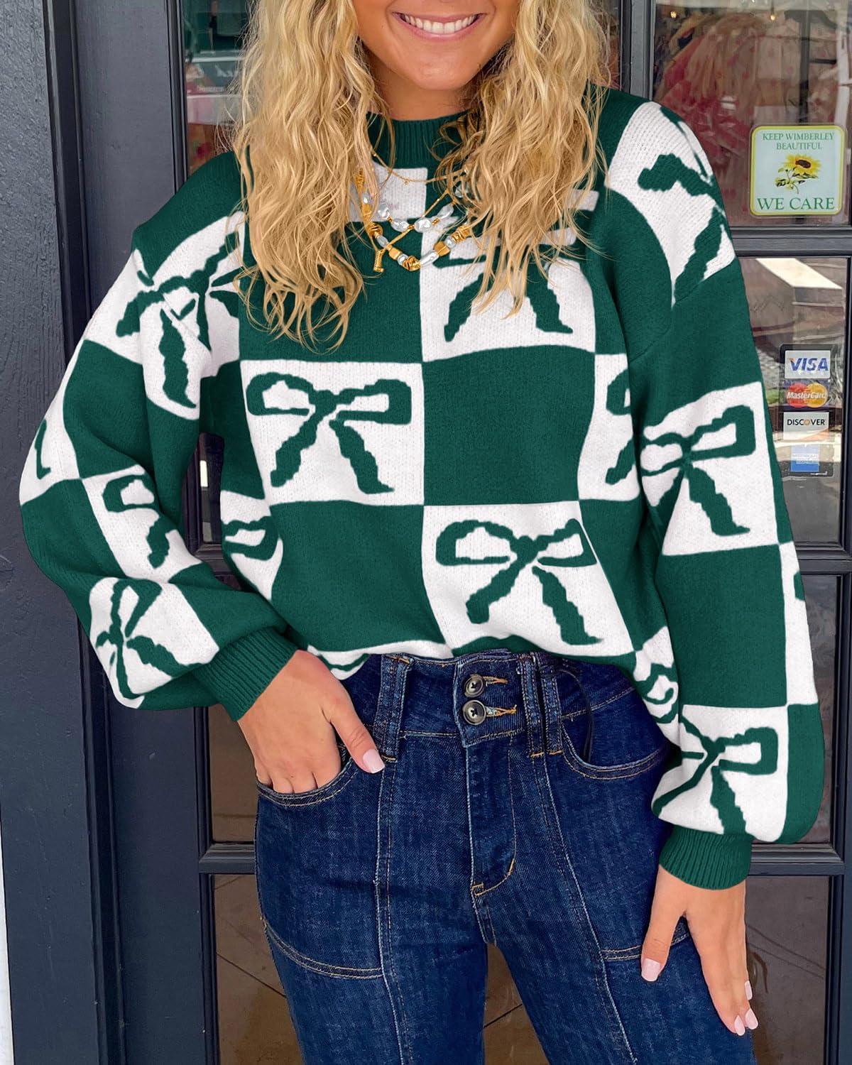 imageSaodimallsu Womens Color Block Bow Sweater Oversized Crewneck Long Sleeve Knit Warm Pullover TopsGreen