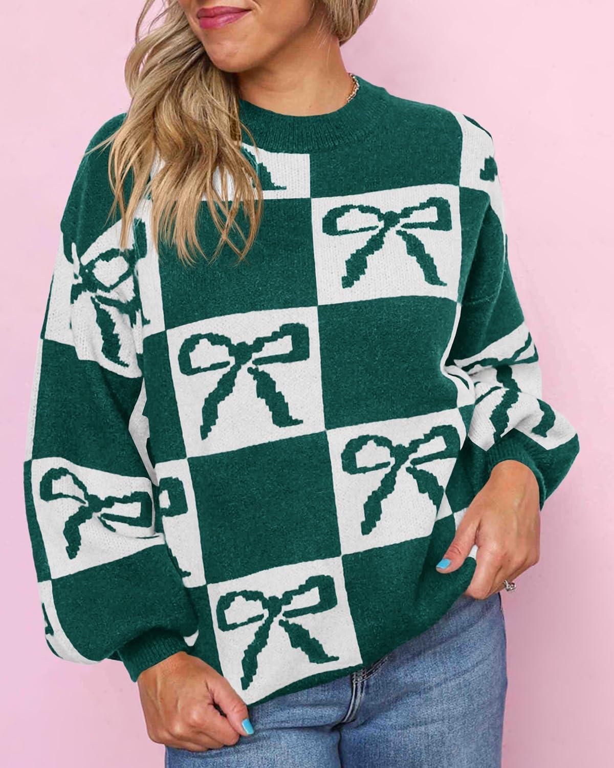 imageSaodimallsu Womens Color Block Bow Sweater Oversized Crewneck Long Sleeve Knit Warm Pullover TopsGreen