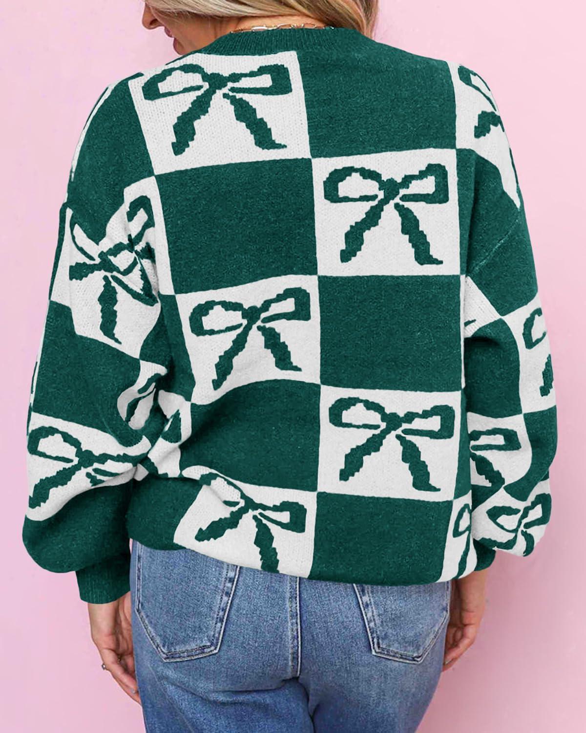 imageSaodimallsu Womens Color Block Bow Sweater Oversized Crewneck Long Sleeve Knit Warm Pullover TopsGreen