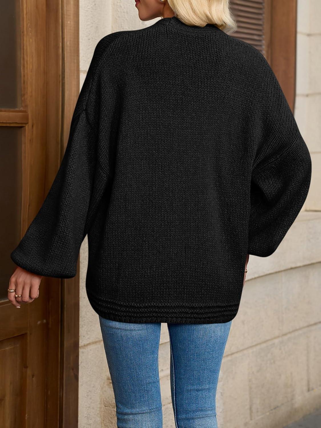 imageSaodimallsu Womens Open Front Cardigans Long Lantern Sleeve Oversized Chunky Knit Casual Fall Sweater CoatBlack