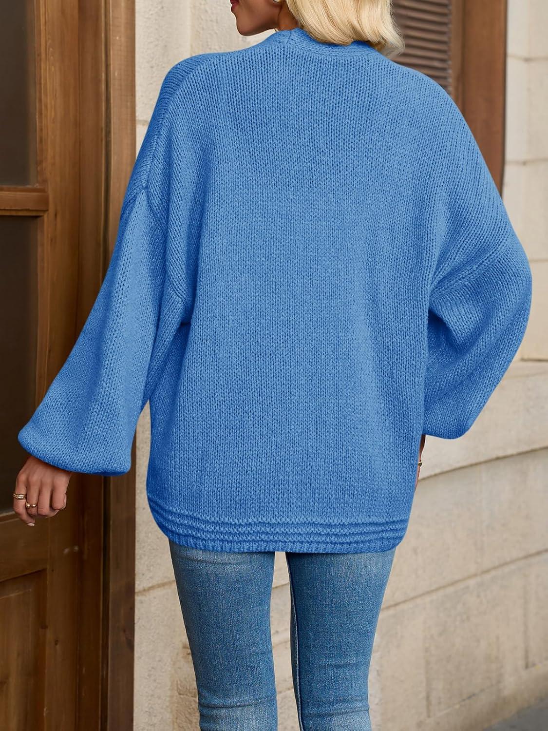 imageSaodimallsu Womens Open Front Cardigans Long Lantern Sleeve Oversized Chunky Knit Casual Fall Sweater CoatBlue