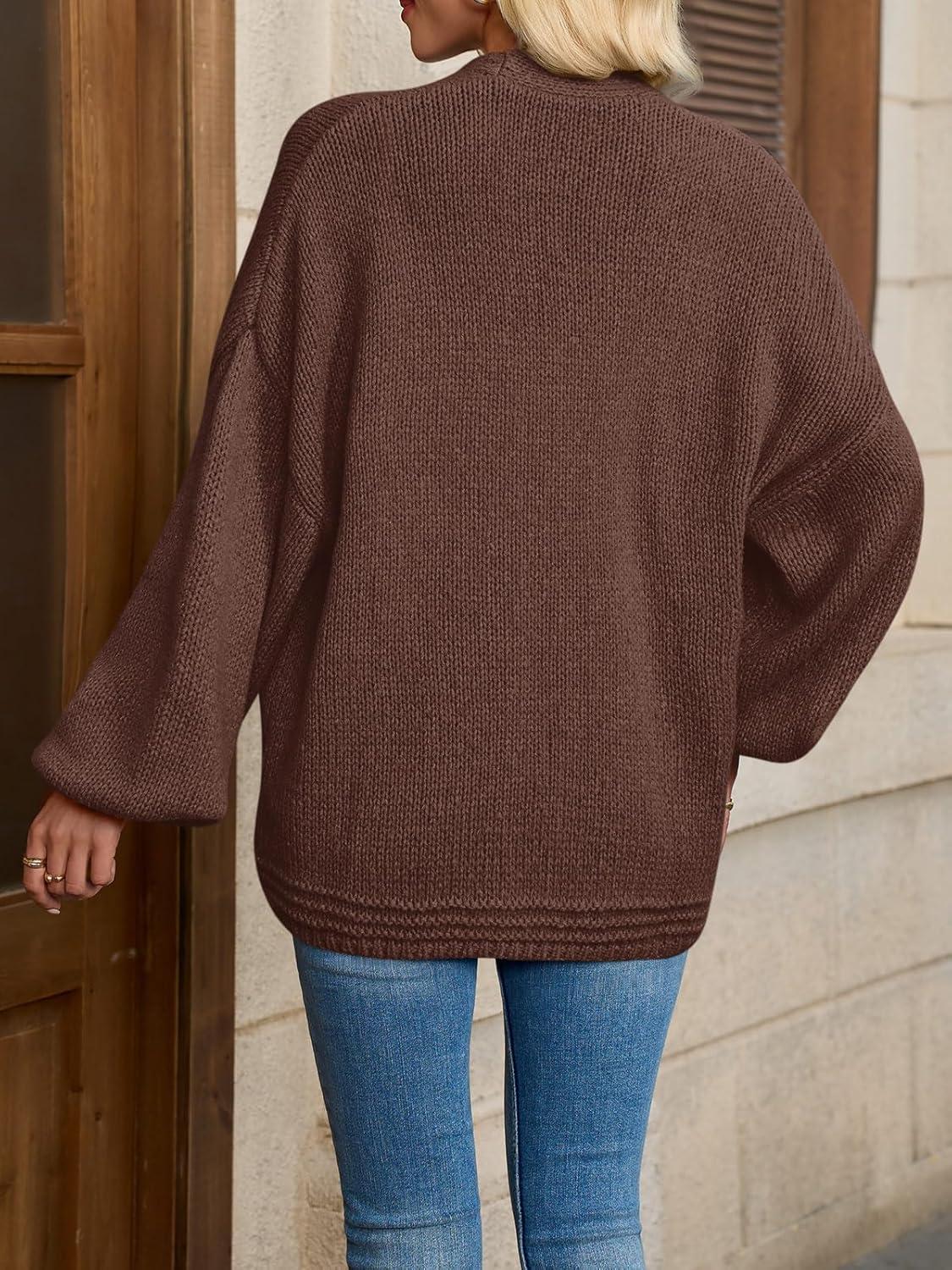 imageSaodimallsu Womens Open Front Cardigans Long Lantern Sleeve Oversized Chunky Knit Casual Fall Sweater CoatCoffee