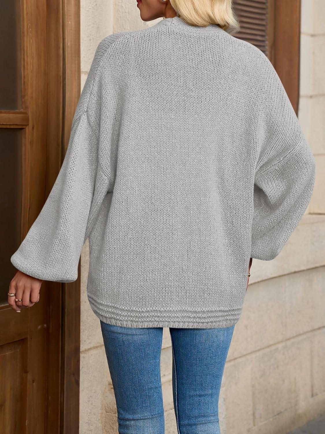 imageSaodimallsu Womens Open Front Cardigans Long Lantern Sleeve Oversized Chunky Knit Casual Fall Sweater CoatLight Gray