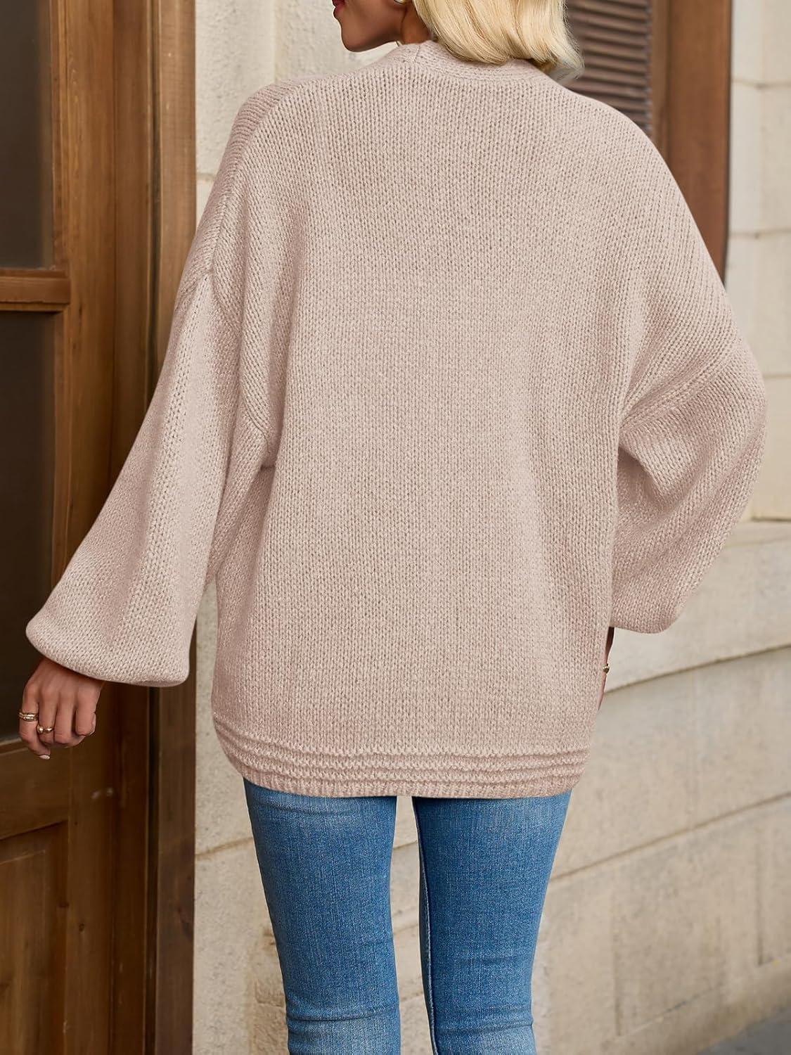 imageSaodimallsu Womens Open Front Cardigans Long Lantern Sleeve Oversized Chunky Knit Casual Fall Sweater CoatLight Khaki