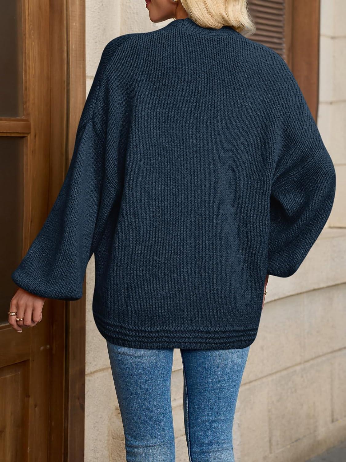 imageSaodimallsu Womens Open Front Cardigans Long Lantern Sleeve Oversized Chunky Knit Casual Fall Sweater CoatNavy Blue