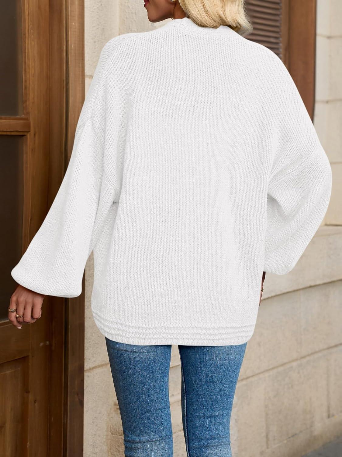 imageSaodimallsu Womens Open Front Cardigans Long Lantern Sleeve Oversized Chunky Knit Casual Fall Sweater CoatWhite