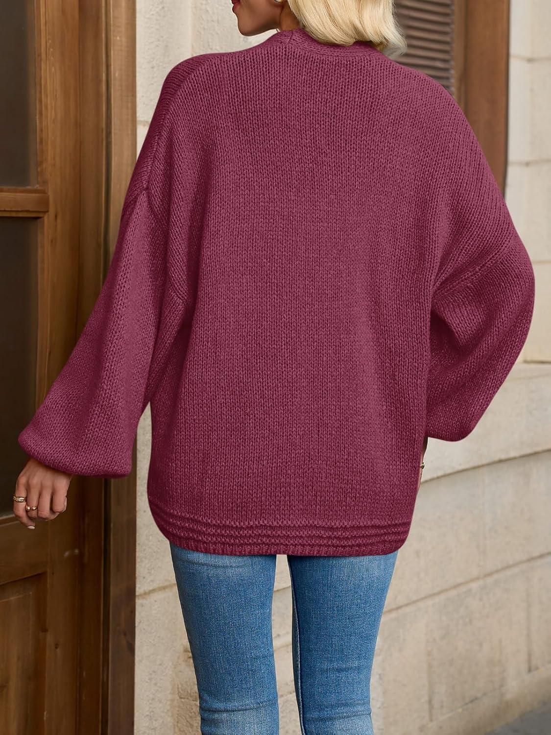 imageSaodimallsu Womens Open Front Cardigans Long Lantern Sleeve Oversized Chunky Knit Casual Fall Sweater CoatWine Red