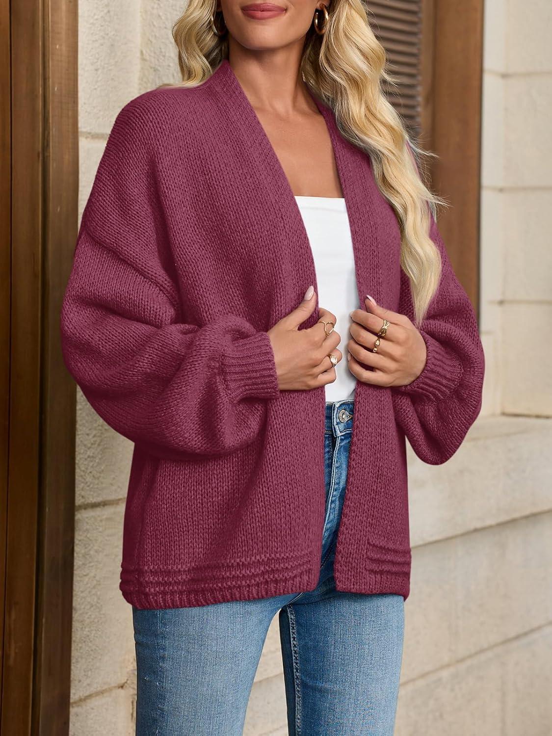 imageSaodimallsu Womens Open Front Cardigans Long Lantern Sleeve Oversized Chunky Knit Casual Fall Sweater CoatWine Red