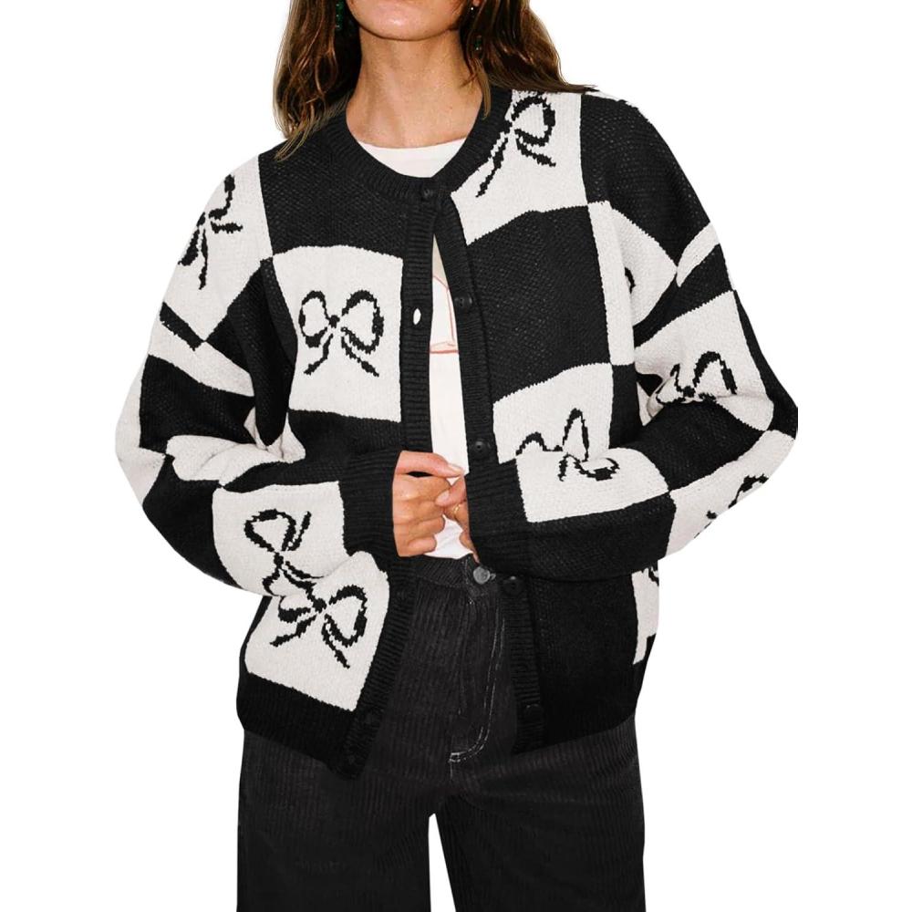 imageSaodimallsu Womens Checkered Sweater Bow Color Block Plaid Cardigan Long Sleeve Button Open Front Knit CoatBlack