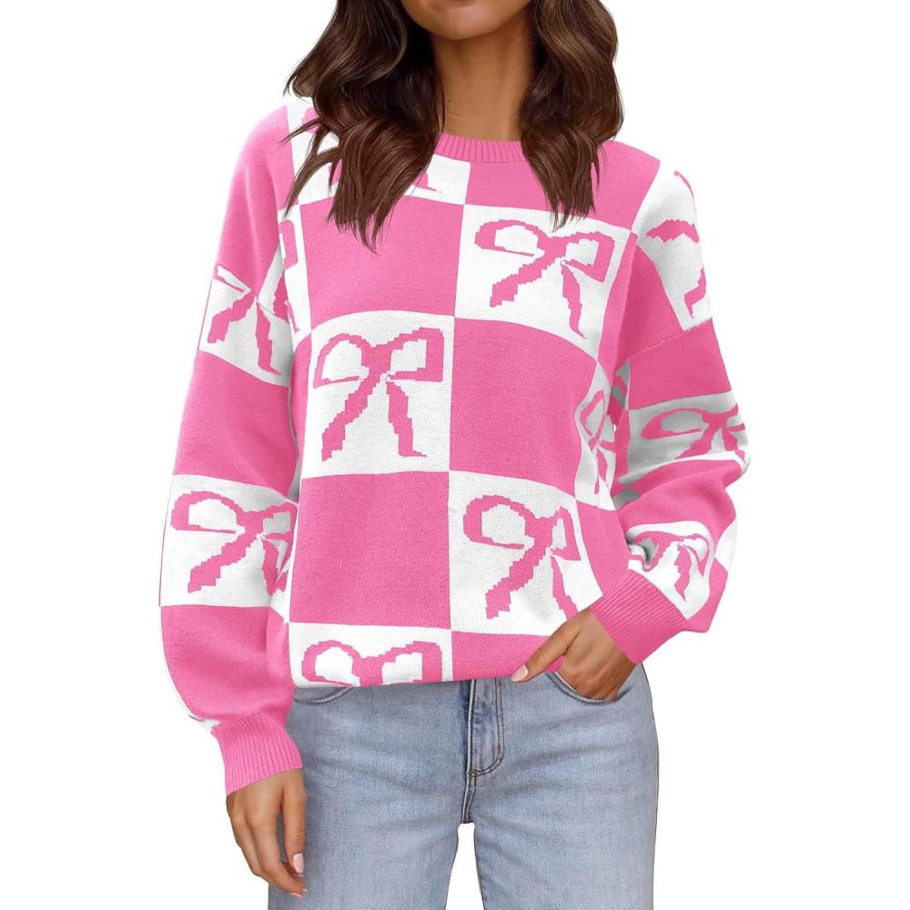 imageSaodimallsu Womens Color Block Bow Sweater Oversized Crewneck Long Sleeve Knit Warm Pullover TopsPink