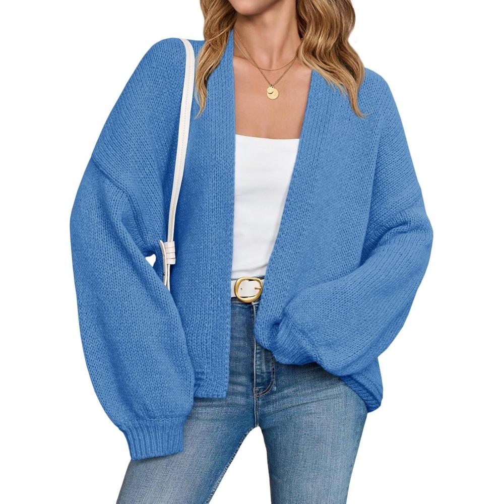 imageSaodimallsu Womens Open Front Cardigans Long Lantern Sleeve Oversized Chunky Knit Casual Fall Sweater CoatBlue