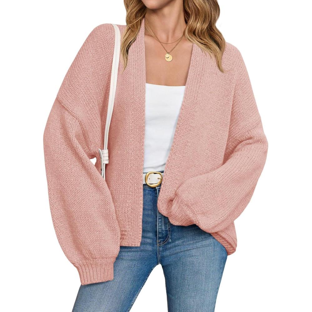 imageSaodimallsu Womens Open Front Cardigans Long Lantern Sleeve Oversized Chunky Knit Casual Fall Sweater CoatLight Pink