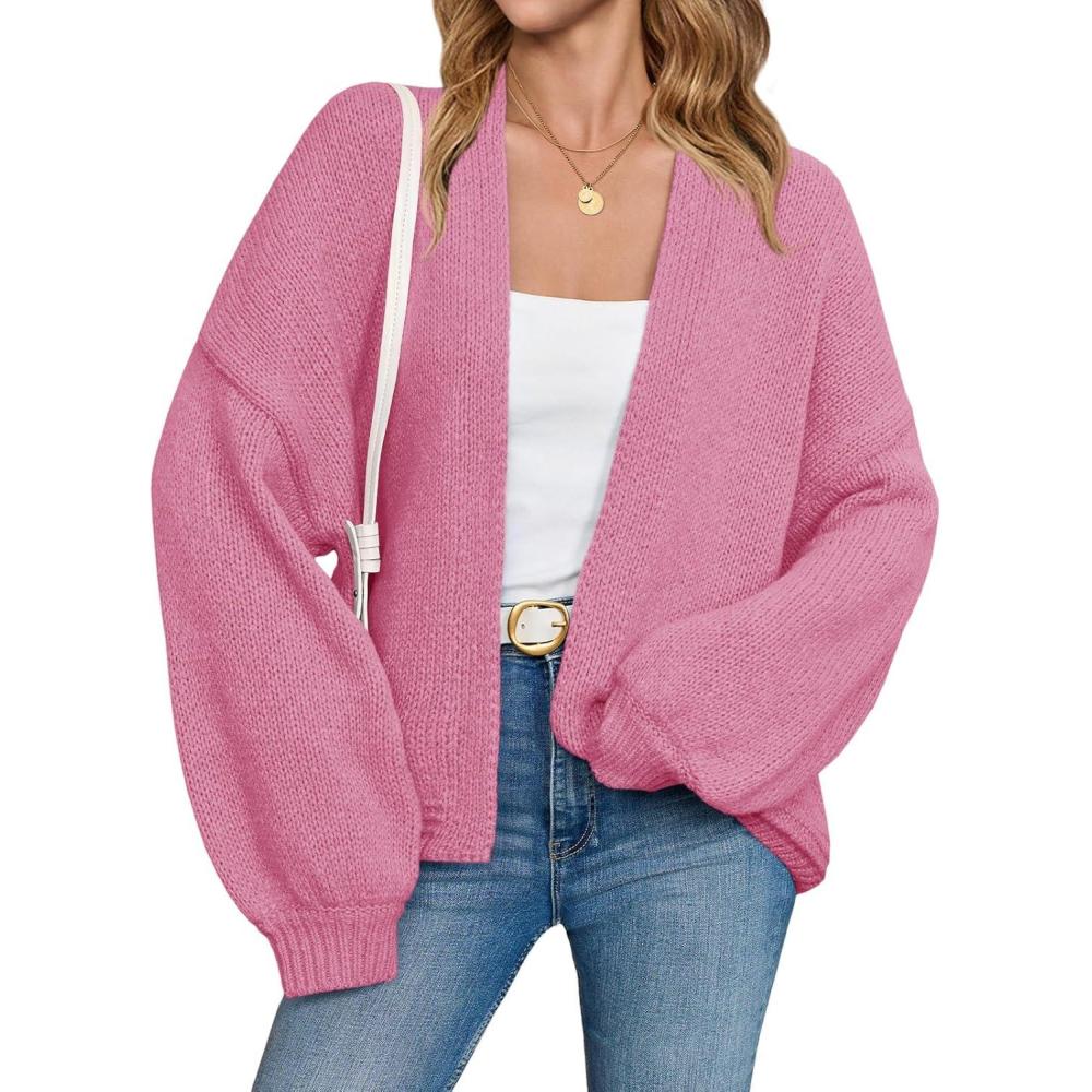 imageSaodimallsu Womens Open Front Cardigans Long Lantern Sleeve Oversized Chunky Knit Casual Fall Sweater CoatPink