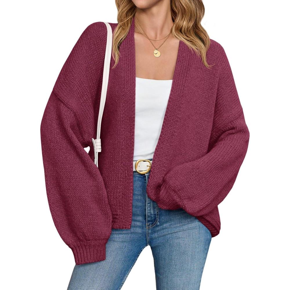 imageSaodimallsu Womens Open Front Cardigans Long Lantern Sleeve Oversized Chunky Knit Casual Fall Sweater CoatWine Red