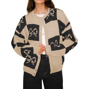 Saodimallsu Womens Checkered Sweater Bow Color Block Plaid Cardigan Long Sleeve Button Open Front Knit Coat(Apricot)