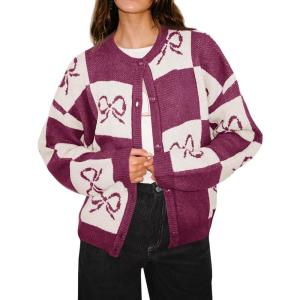 Saodimallsu Womens Checkered Sweater Bow Color Block Plaid Cardigan Long Sleeve Button Open Front Knit Coat(Burgundy)