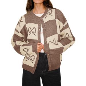 Saodimallsu Womens Checkered Sweater Bow Color Block Plaid Cardigan Long Sleeve Button Open Front Knit Coat(Dark Khaki)