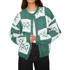 Saodimallsu Womens Checkered Sweater Bow Color Block Plaid Cardigan Long Sleeve Button Open Front Knit Coat(Green)
