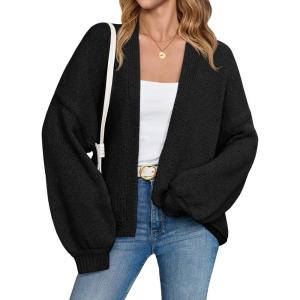 Saodimallsu Womens Open Front Cardigans Long Lantern Sleeve Oversized Chunky Knit Casual Fall Sweater Coat(Black)