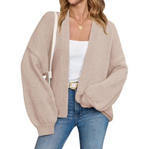Saodimallsu Womens Open Front Cardigans Long Lantern Sleeve Oversized Chunky Knit Casual Fall Sweater Coat(Light Khaki)