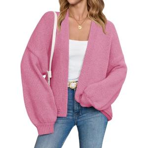 Saodimallsu Womens Open Front Cardigans Long Lantern Sleeve Oversized Chunky Knit Casual Fall Sweater Coat(Pink)