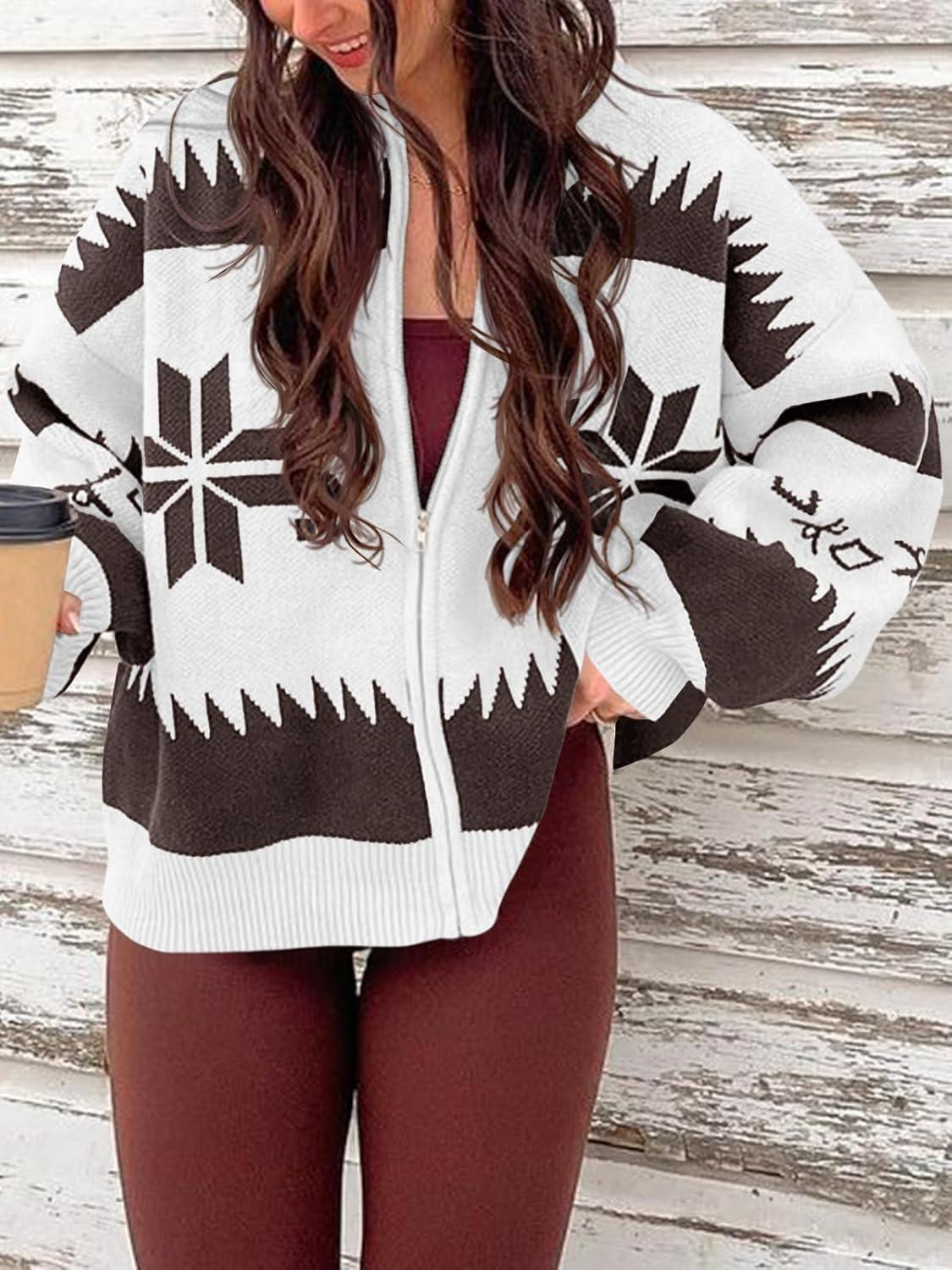 imageSaodimallsu Womens Zip Up Sweater Jacket Oversized Chunky Puff Long Sleeve Graphic Christmas CardiganWhite