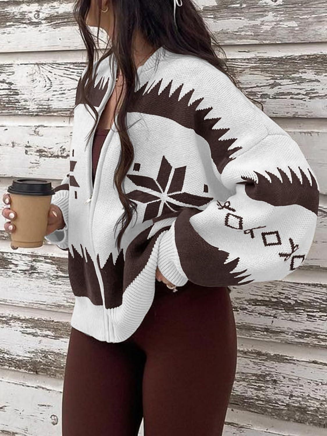 imageSaodimallsu Womens Zip Up Sweater Jacket Oversized Chunky Puff Long Sleeve Graphic Christmas CardiganWhite