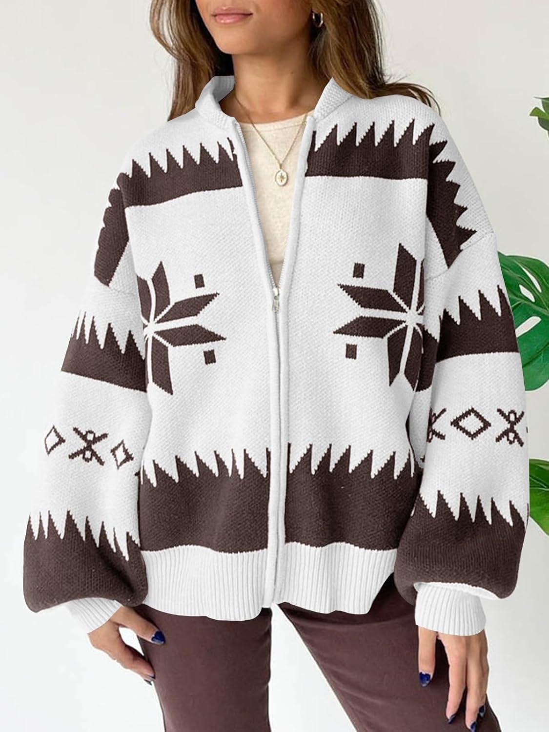 imageSaodimallsu Womens Zip Up Sweater Jacket Oversized Chunky Puff Long Sleeve Graphic Christmas CardiganWhite