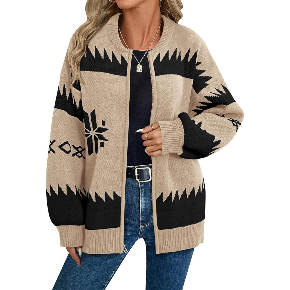 imageSaodimallsu Womens Zip Up Sweater Jacket Oversized Chunky Puff Long Sleeve Graphic Christmas CardiganKhaki