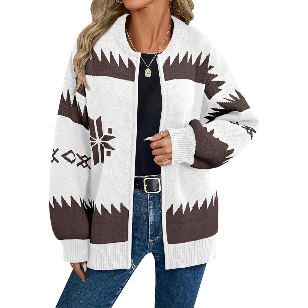 imageSaodimallsu Womens Zip Up Sweater Jacket Oversized Chunky Puff Long Sleeve Graphic Christmas CardiganWhite