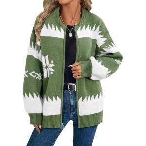 Saodimallsu Womens Zip Up Sweater Jacket Oversized Chunky Puff Long Sleeve Graphic Christmas Cardigan(Army Green)