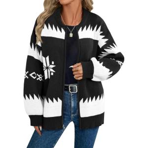 Saodimallsu Womens Zip Up Sweater Jacket Oversized Chunky Puff Long Sleeve Graphic Christmas Cardigan(Black)