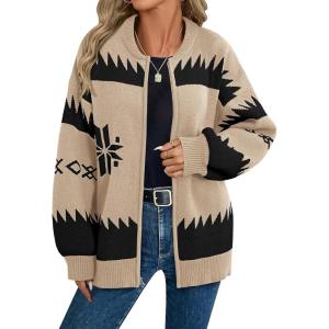 Saodimallsu Womens Zip Up Sweater Jacket Oversized Chunky Puff Long Sleeve Graphic Christmas Cardigan(Khaki)