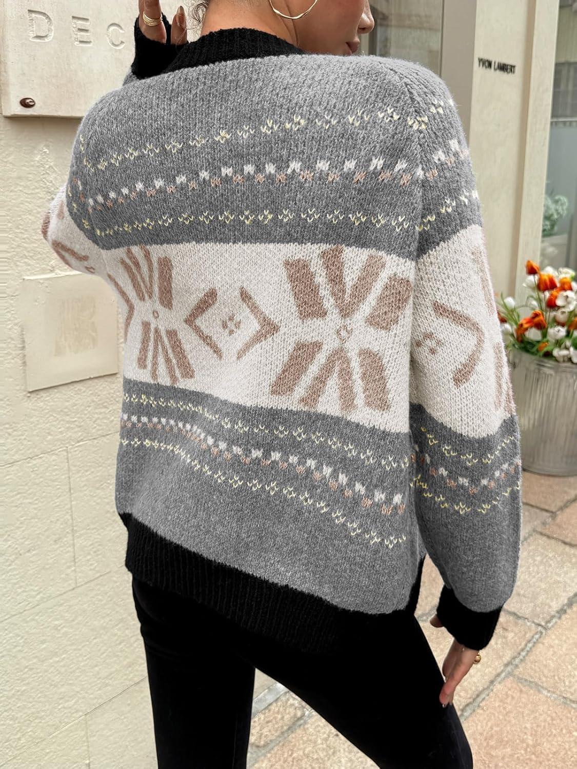 imageSaodimallsu Womens Button Up Cardigan Sweaters Crew Neck Vintage Fair Isle Long Sleeve Warm Knit Christmas Sweater CoatsBeige