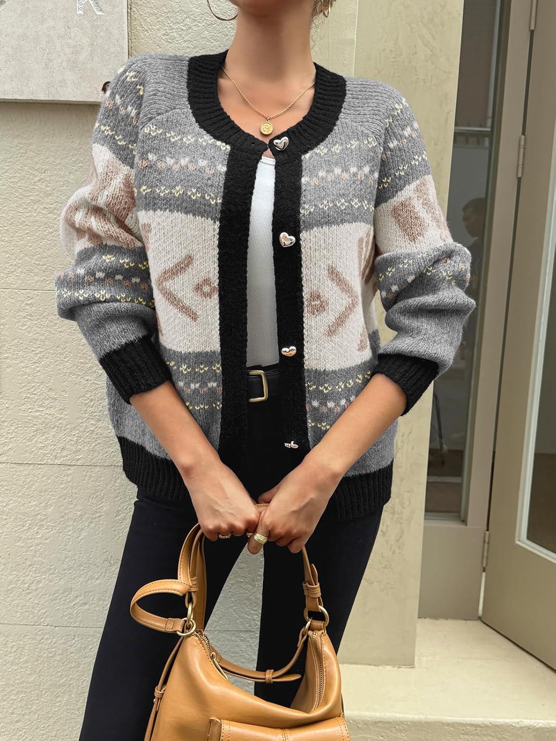 imageSaodimallsu Womens Button Up Cardigan Sweaters Crew Neck Vintage Fair Isle Long Sleeve Warm Knit Christmas Sweater CoatsBeige