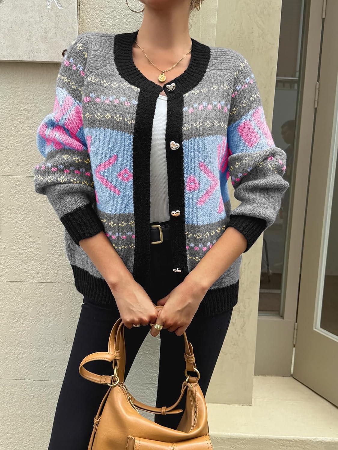 imageSaodimallsu Womens Button Up Cardigan Sweaters Crew Neck Vintage Fair Isle Long Sleeve Warm Knit Christmas Sweater CoatsBlue