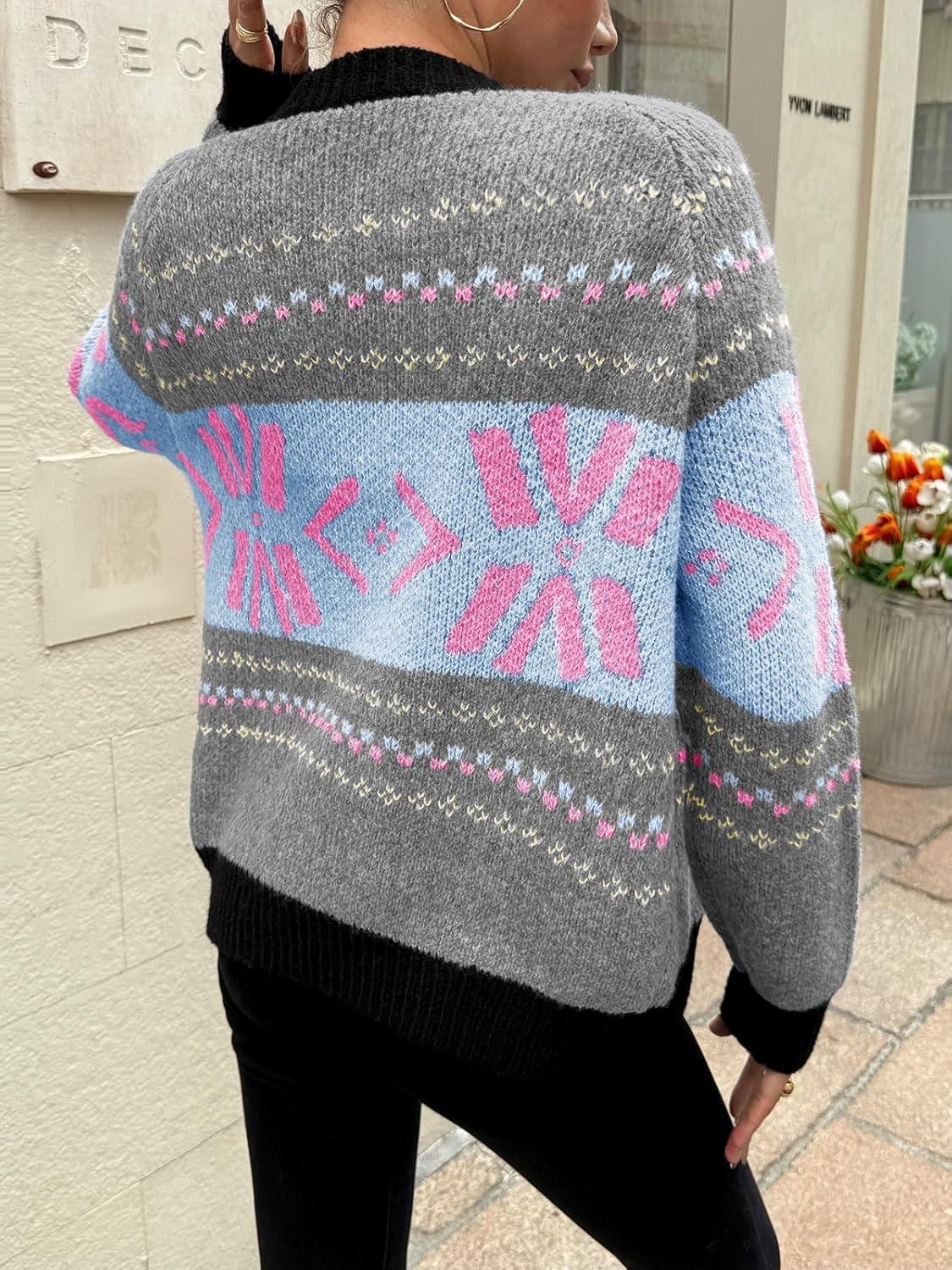 imageSaodimallsu Womens Button Up Cardigan Sweaters Crew Neck Vintage Fair Isle Long Sleeve Warm Knit Christmas Sweater CoatsBlue