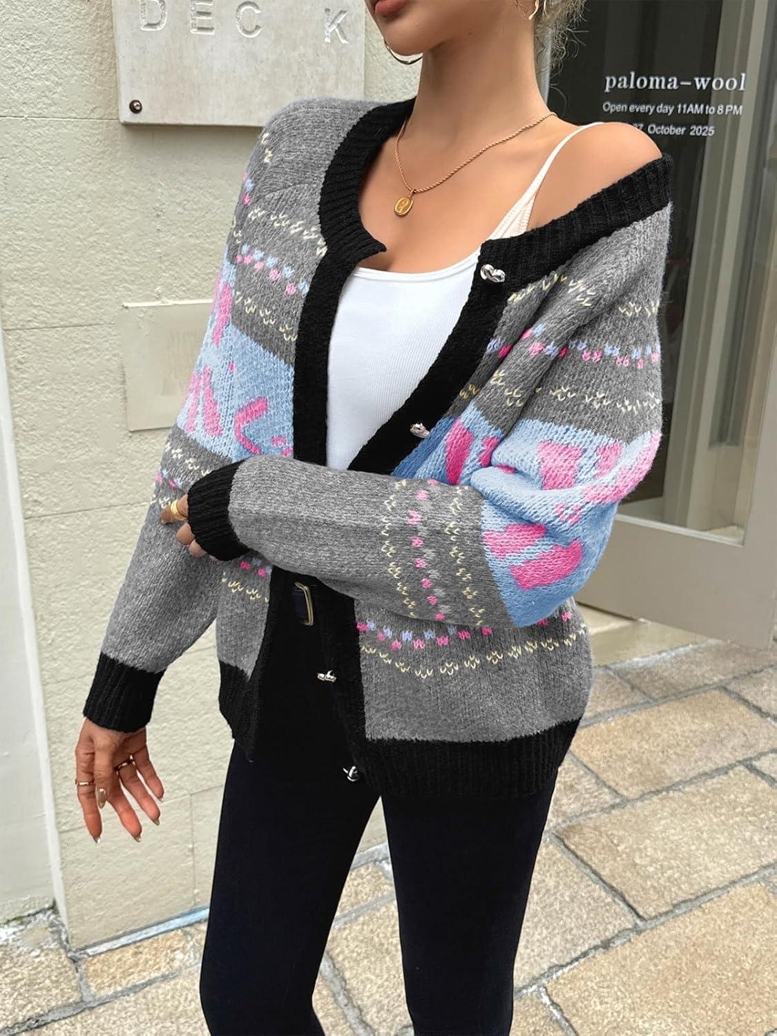 imageSaodimallsu Womens Button Up Cardigan Sweaters Crew Neck Vintage Fair Isle Long Sleeve Warm Knit Christmas Sweater CoatsBlue