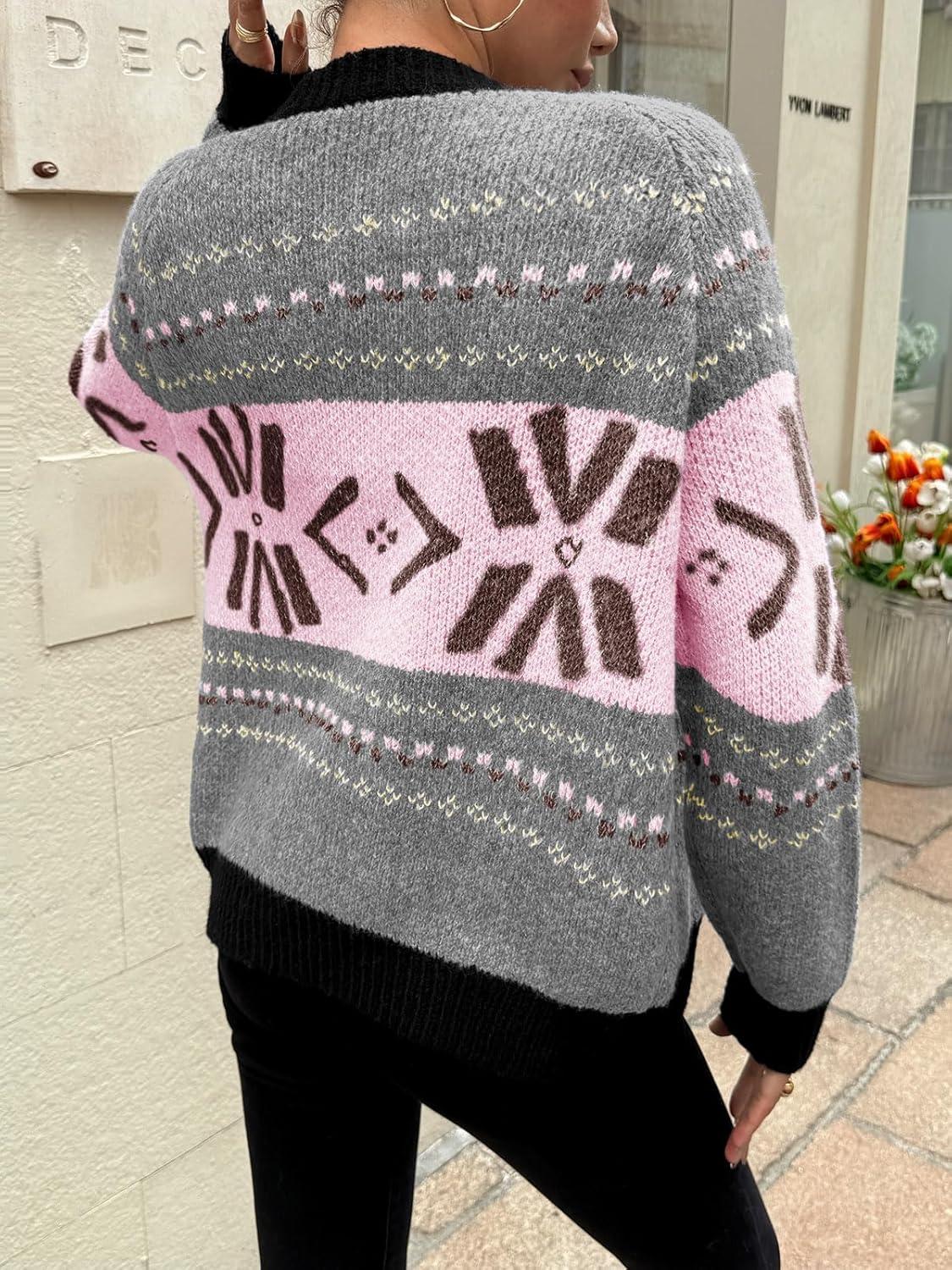 imageSaodimallsu Womens Button Up Cardigan Sweaters Crew Neck Vintage Fair Isle Long Sleeve Warm Knit Christmas Sweater CoatsLight Pink