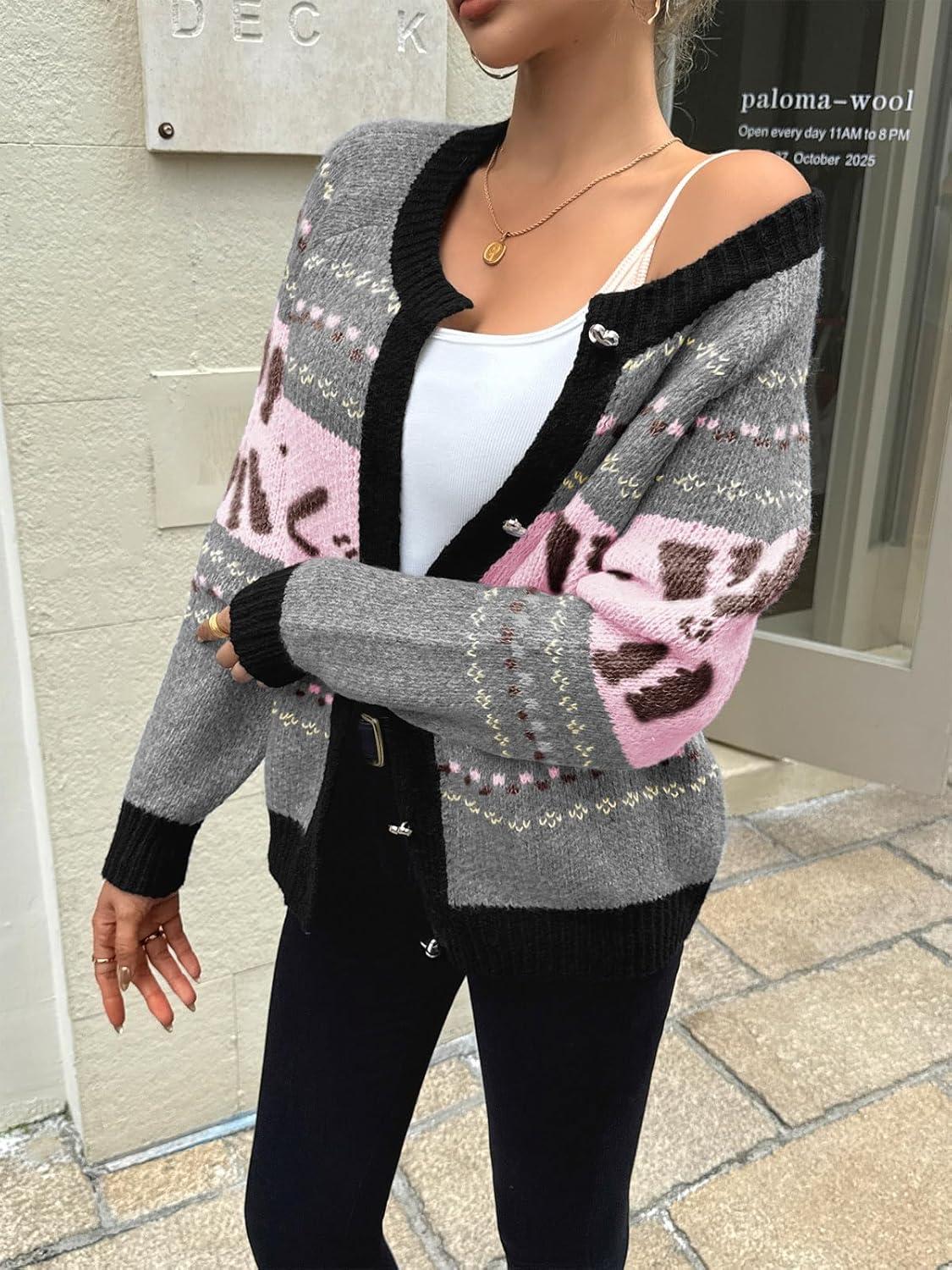 imageSaodimallsu Womens Button Up Cardigan Sweaters Crew Neck Vintage Fair Isle Long Sleeve Warm Knit Christmas Sweater CoatsLight Pink