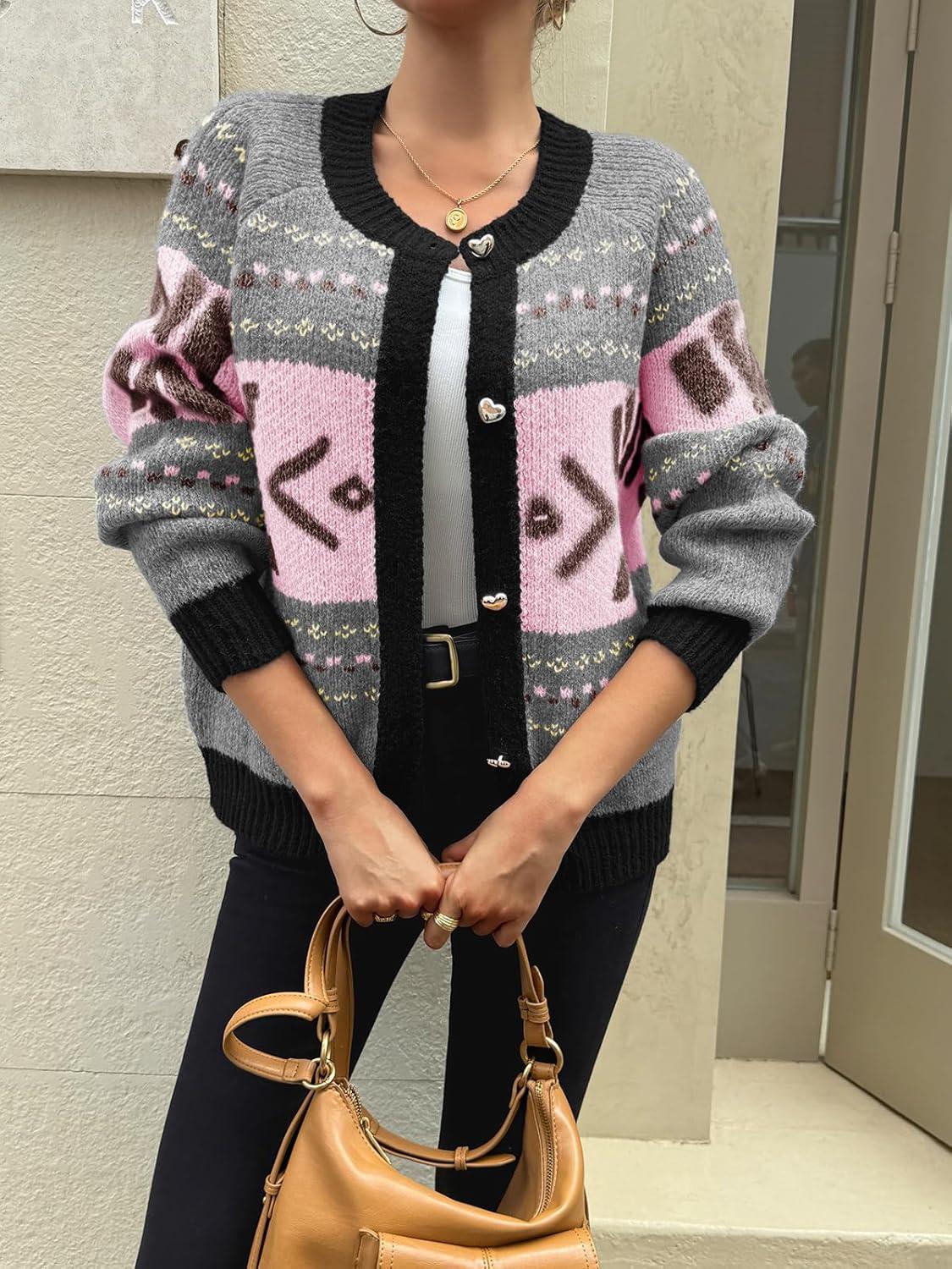 imageSaodimallsu Womens Button Up Cardigan Sweaters Crew Neck Vintage Fair Isle Long Sleeve Warm Knit Christmas Sweater CoatsLight Pink