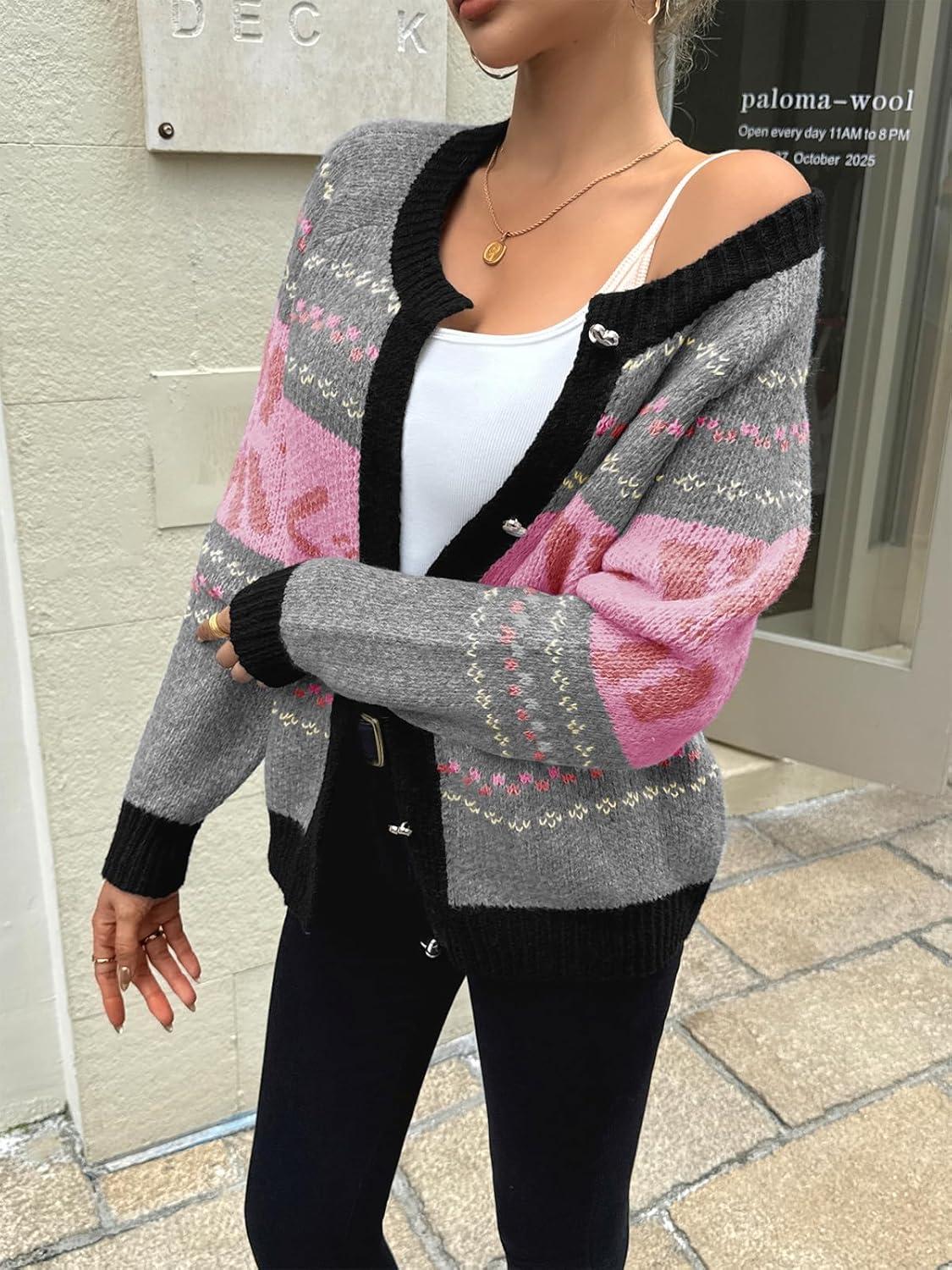 imageSaodimallsu Womens Button Up Cardigan Sweaters Crew Neck Vintage Fair Isle Long Sleeve Warm Knit Christmas Sweater CoatsPink