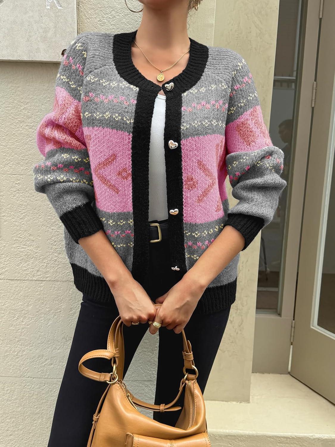 imageSaodimallsu Womens Button Up Cardigan Sweaters Crew Neck Vintage Fair Isle Long Sleeve Warm Knit Christmas Sweater CoatsPink