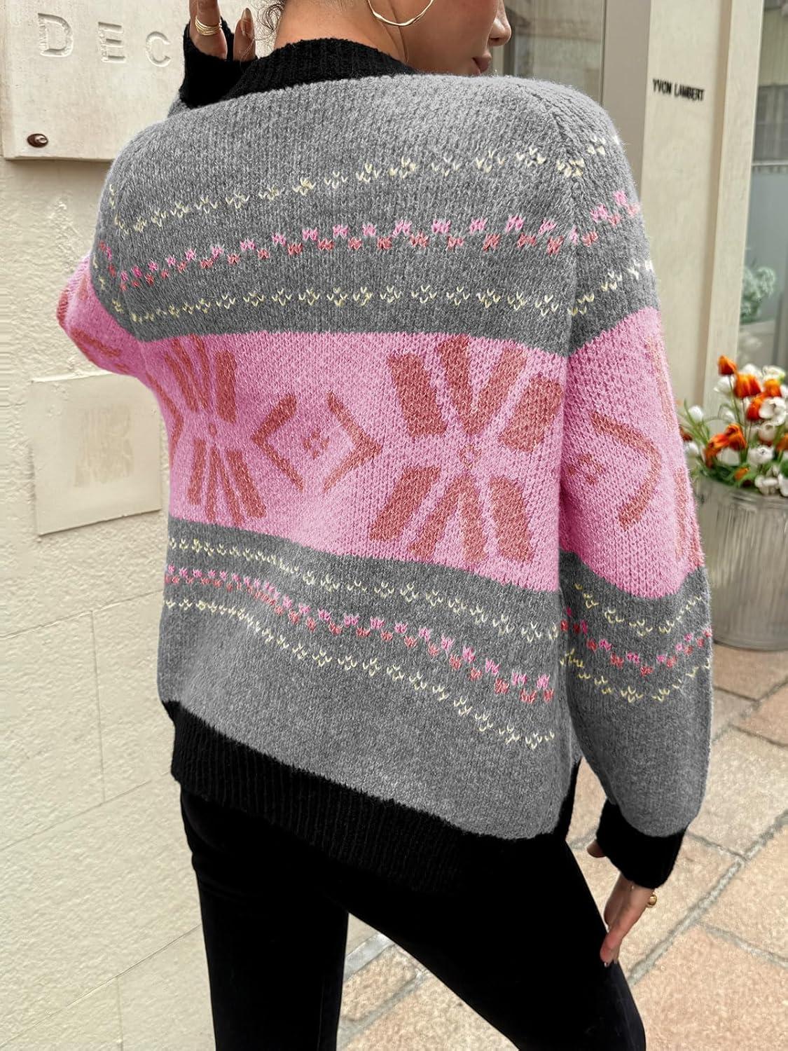 imageSaodimallsu Womens Button Up Cardigan Sweaters Crew Neck Vintage Fair Isle Long Sleeve Warm Knit Christmas Sweater CoatsPink